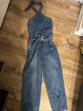 Free People Washed Denim Halter Jumpsuit - Light Blue